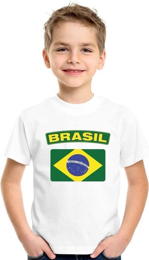 T-shirt met Braziliaanse vlag wit kinderen 110/116