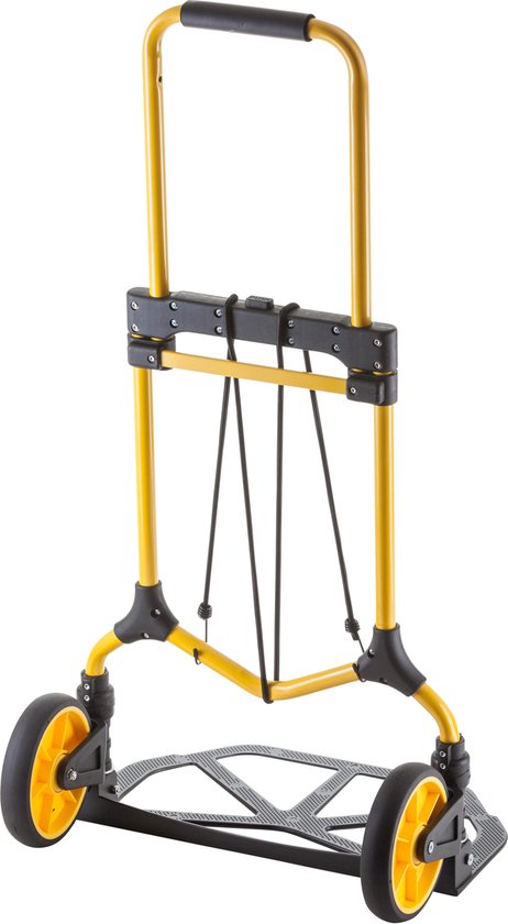 Gele Stanley steekwagen met uitklapbaar platform en zwarte wielen.
