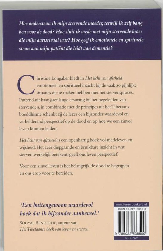 Achterkant van het boek Het licht van afscheid, over omgaan met sterven en rouw. Bevat een citaat en boekgegevens.