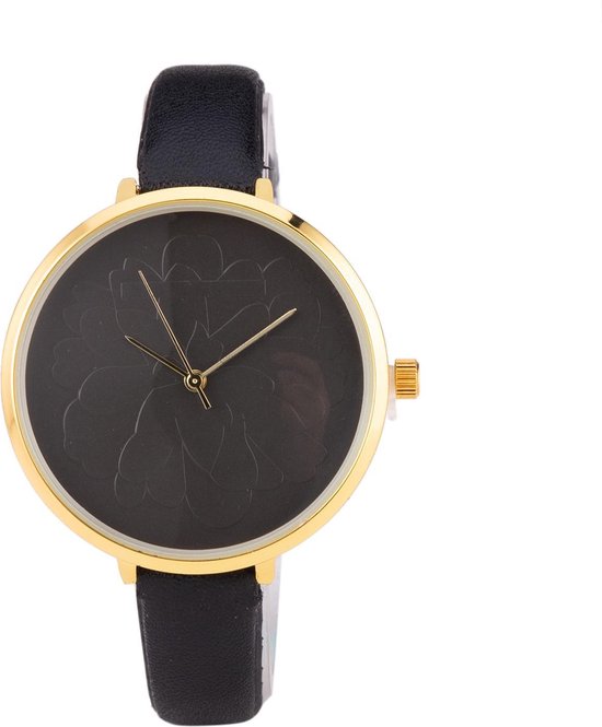 Leren Dames Horloge - Dunne 1 cm Band - Zwart - Bloemen