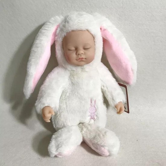 Sleeping baby in wit konijnen pakje - knuffel slaap pop 27cm | bol