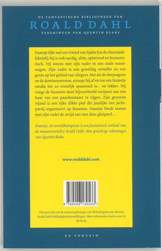 Achterflap van het boek 'Daantje, de wereldkampioen' van Roald Dahl, met tekst en een barcode.