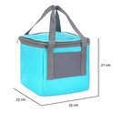 Turquoise koelbox van 21 x 22 x 22 cm met grijze accenten en hengsels.