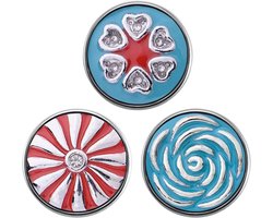 Quiges - Chunk 18mm Click Button Drukknoop Circus Set van 3 Stuks Blauw en Rood met Zirkonia Roos & Hart - EBCMSET010