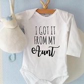 Baby Romper tekst | I got it from my aunt  | Lange mouw | wit zwart | maat  50/56 | cadeau voor tante - kraamcadeau nichtje neefje geboren – kraamgeschenk   zwangerschaps aankondig