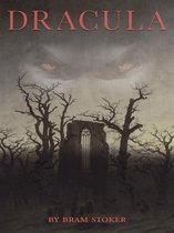 DRACULA door Bram Stoker. Omslag met een spookachtig kasteelruïne in een mistige, donkere omgeving met kale bomen.
