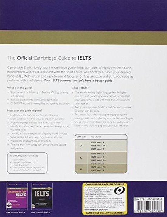 De officiële Cambridge gids voor IELTS, met 8 oefentests, DVD-ROM en digitale video's. De achterkant toont de inhoud en de voordelen van het boek.