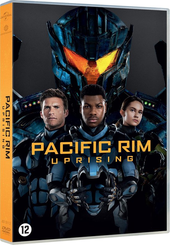 DVD hoes met drie hoofdrolspelers in pilotenpakken en een grote blauwe Jaeger op de achtergrond. Titel: Pacific Rim Uprising.