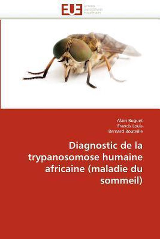 Vlieg op een rood vlak, met 'Diagnostic de la trypanosomose humaine africaine' in witte letters.