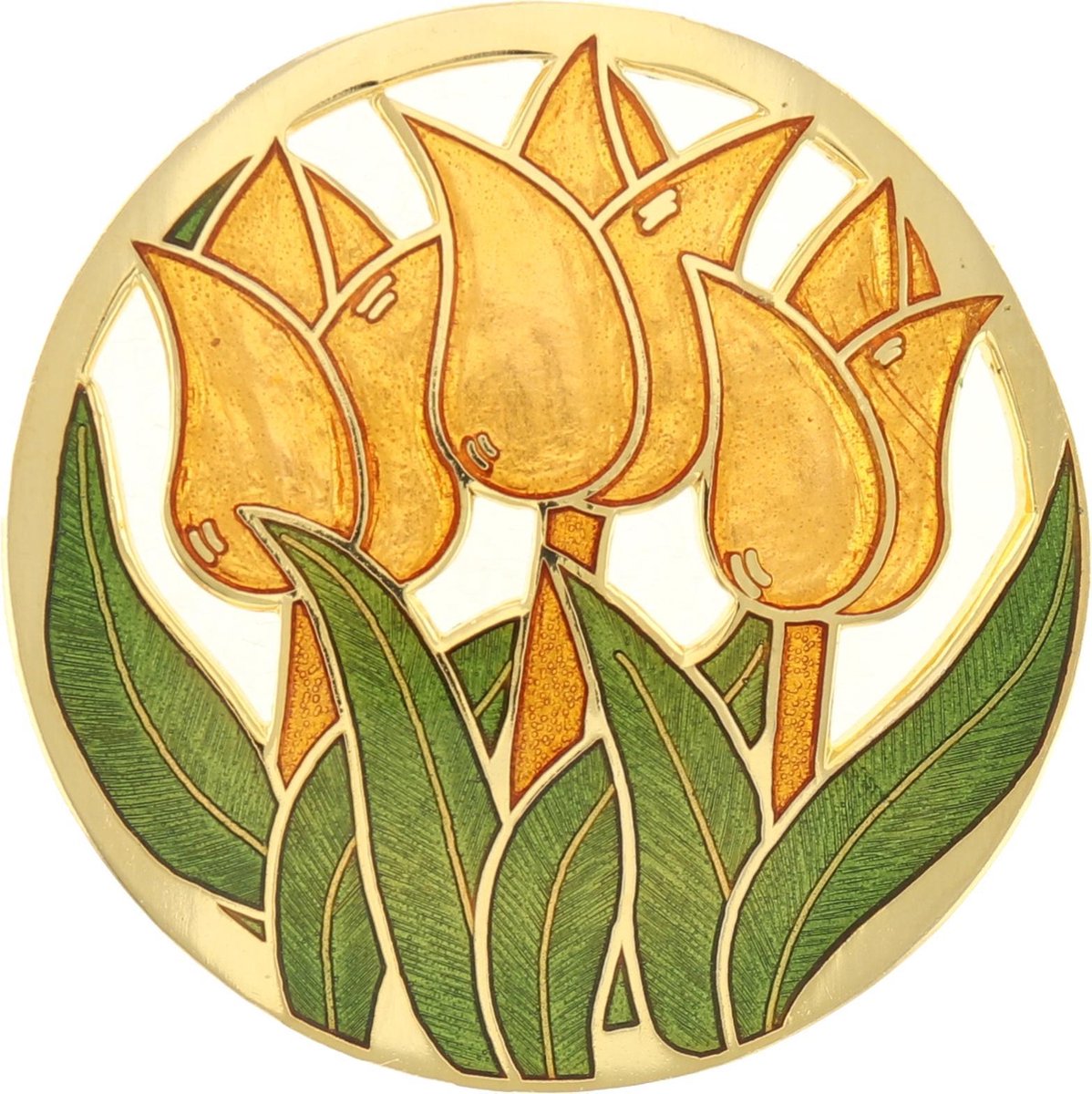 Behave® Dames broche rond bloem tulpen bruin - emaille sierspeld - sjaalspeld
