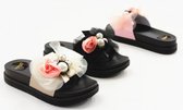Dames slippers | Open schoenen | Bloemen | Roze roos | Parels | Roze | Zwart | Zomer