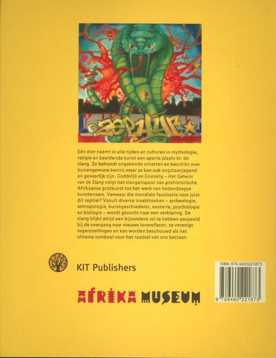 Boekomslag met een gedetailleerde illustratie van een slang in groene en rode tinten, met de tekst 'Afrika Museum'.