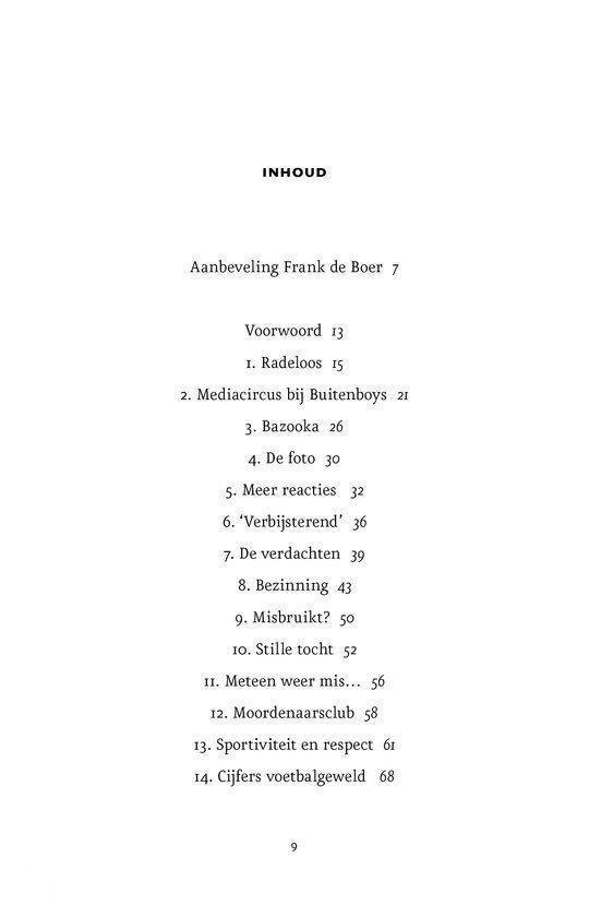Inhoudsopgave met titels als 'Radeloos', 'Mediarcus bij Buitenboys' en 'De dood van Nieuwenhuizen'.