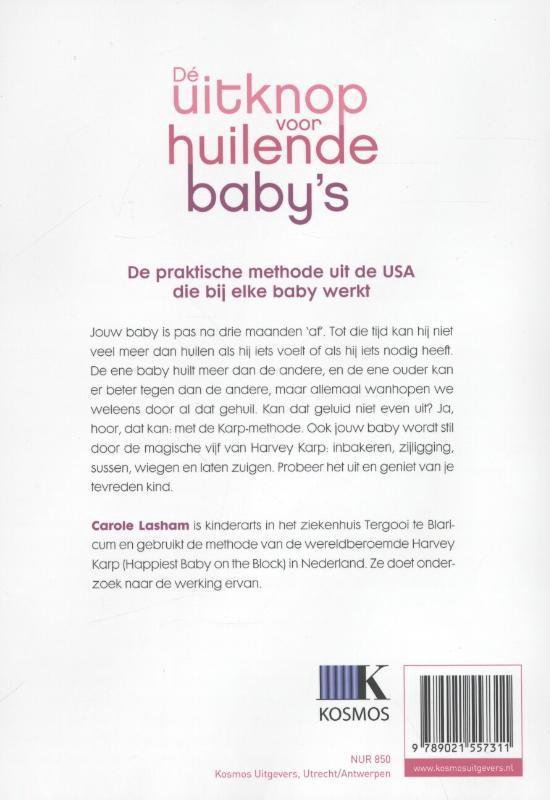 Boekomslag met de titel 'Dé uitknop voor huilende baby's'. Zachtroze letters op een witte achtergrond.