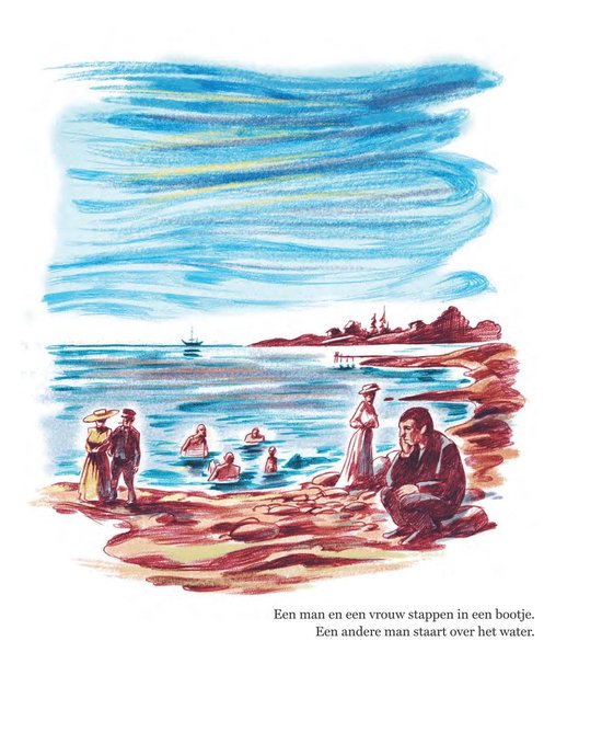 Een strand met badende mensen. Een man met een hoed kijkt naar de zee, twee vrouwen staan naast hem.