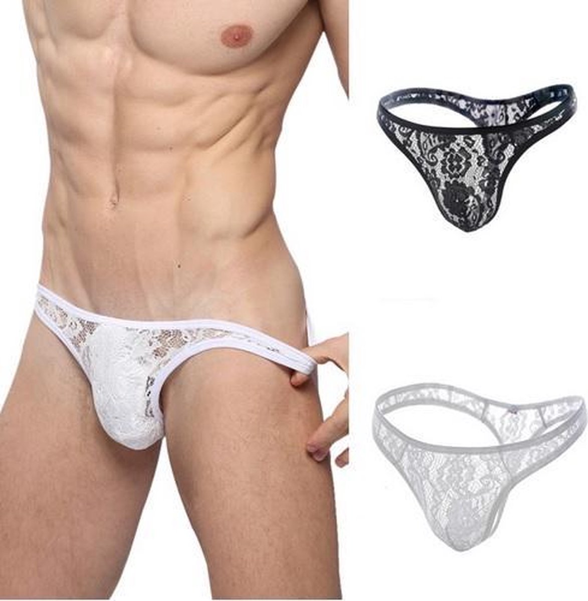 Kanten string voor heren - Wit - Sexy ondergoed mannen maat L/XL