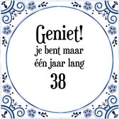 Verjaardag Tegeltje met Spreuk (38 jaar: Geniet! je bent maar één jaar 38! + cadeau verpakking & plakhanger