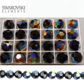 Swarovski kristal, ronde facetkralen (5000) van 10mm in de kleur Jet AB. Verkocht per 12 stuks