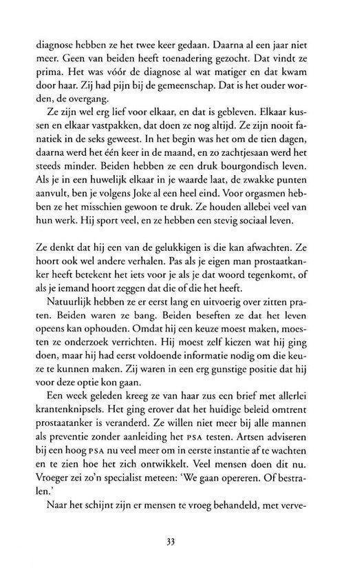 Een open boekpagina met tekst over een PSA-test en prostaatkanker.