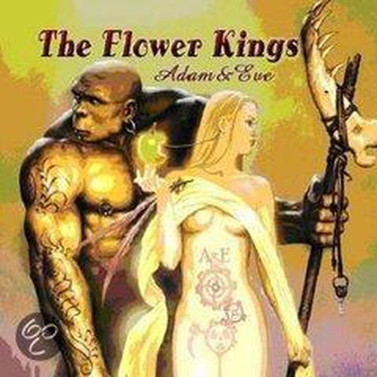 Albumhoes van 'The Flower Kings - Adam & Eve' met een stoere man en een vrouw, met een appel in de hand.