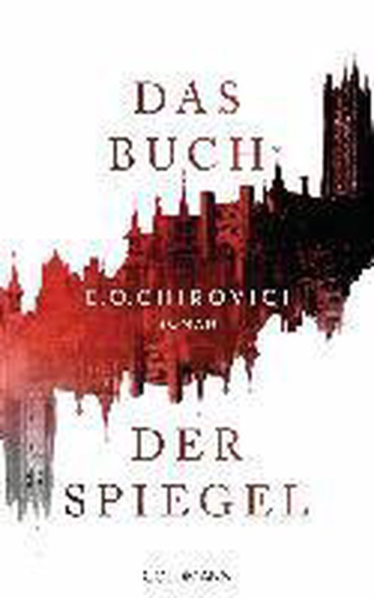 Boek kaft met de titel 'Das Buch der Spiegel' en een silhouet van een stad met rode gloed.