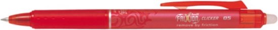 Rode Pilot FriXion Clicker balpen met zilverkleurige versiering en doorzichtige delen.