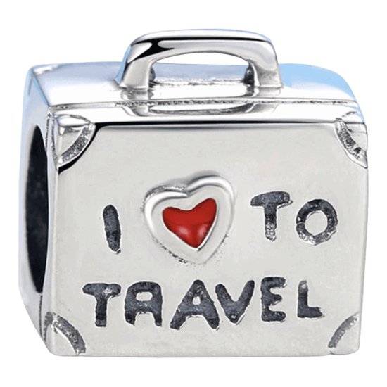 Reizen - Zilveren bedels - Bedel Koffer I Love to Travel | 925 Sterling Zilver - Geschikt voor alle merken - Met 925 Zilver Certificaat - In Leuke cadeauverpakking - Moederdag