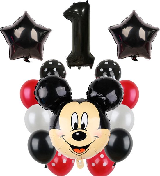 Mickey Mouse Verjaardag Versiering - 1 jaar - Leeftijdballon / Heliumballon / Folieballon - Kinderfeestje - Feestpakket 14 stuks - Verjaardag Minnie & Mickey Mouse - Disney Feestversiering - Ballonnen set MinnieMouse & MickeyMouse - Hoera 1 jaar!