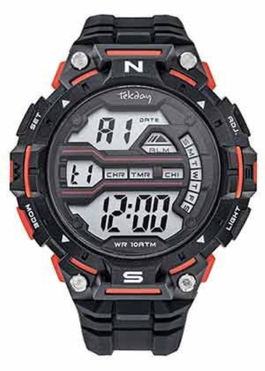 Tekday-Horloge-Heren-Digitaal-Alarm-Stopwatch-Timer-Datum-Backlight-10ATM waterdicht-Zwemmen-Sporten-39MM-Zwart-Rood