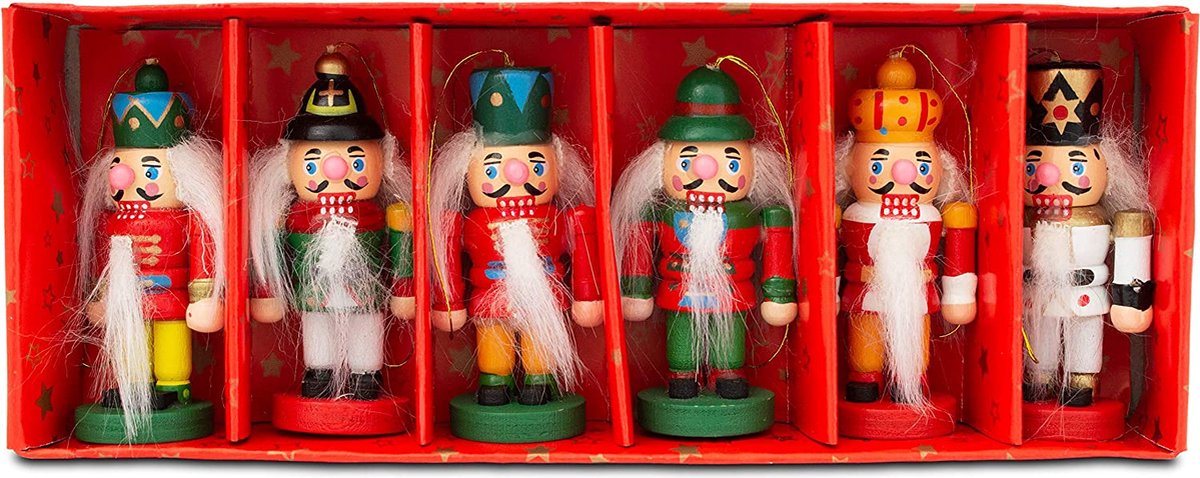 BRUBAKER 6-Delige Set Notenkraker Houten Hangers - Kerstboomdecoraties - Handgeschilderd
