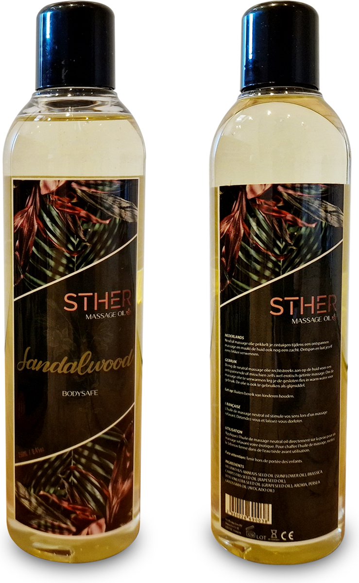 Sther Premium Massageolie - Sandalwood (Sandelhout) - 250ml - Natuurlijk Glijmiddel op Oliebasis - Met Avocado-olie - Langdurig Glijvermogen thumbnail 2