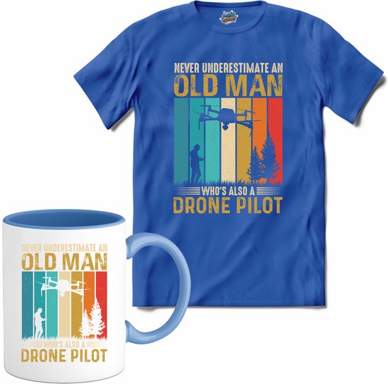 Never underestimate an old man drone pilot | Drone met camera | Mini drones - T-Shirt met mok - Unisex - Royal Blue - Maat XXL