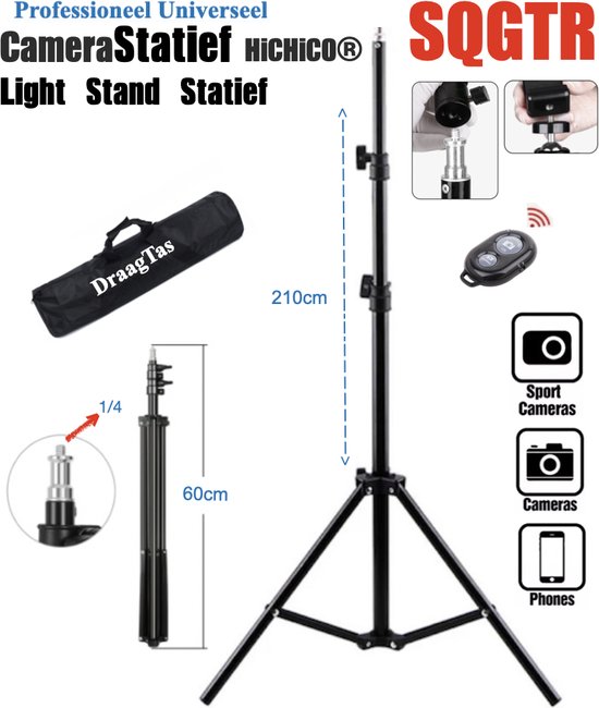 Professionele Universele Camerastatief 200cm Inclusief Draag Tas, Bluetooth Afstandsbediening - Light Stand - Foto Studio - Studio Lampen - Softbox Stand- Schroefdiameter: 1/4 Inch HiCHiCO®