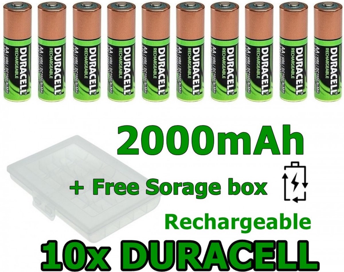 10 Stuks DURACELL R6 / AA Ni-MH 2000mAh oplaadbare batterijen + Gratis bewaardoosje