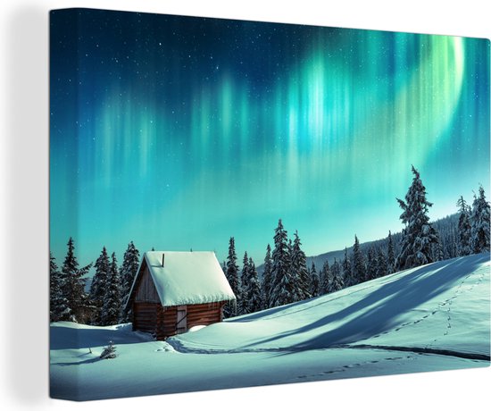 Tableau sur toile Aurores boréales - Neige - Maison - Hiver - 120x80 cm - Décoration murale