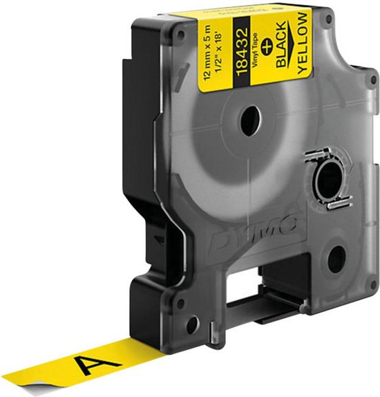 DYMO labelrol cassette, 12mm x 5.5m, permanent vinyl, zwarte opdruk op geel.
