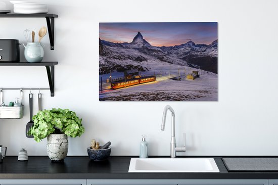 Peintures sur toile - Train à travers le paysage enneigé en Suisse au lever du soleil - 90x60 cm - Décoration murale