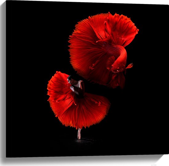 WallClassics - Canvas  - Danser met Rode Jurk en Vis - 60x60 cm Foto op Canvas Schilderij (Wanddecoratie op Canvas)
