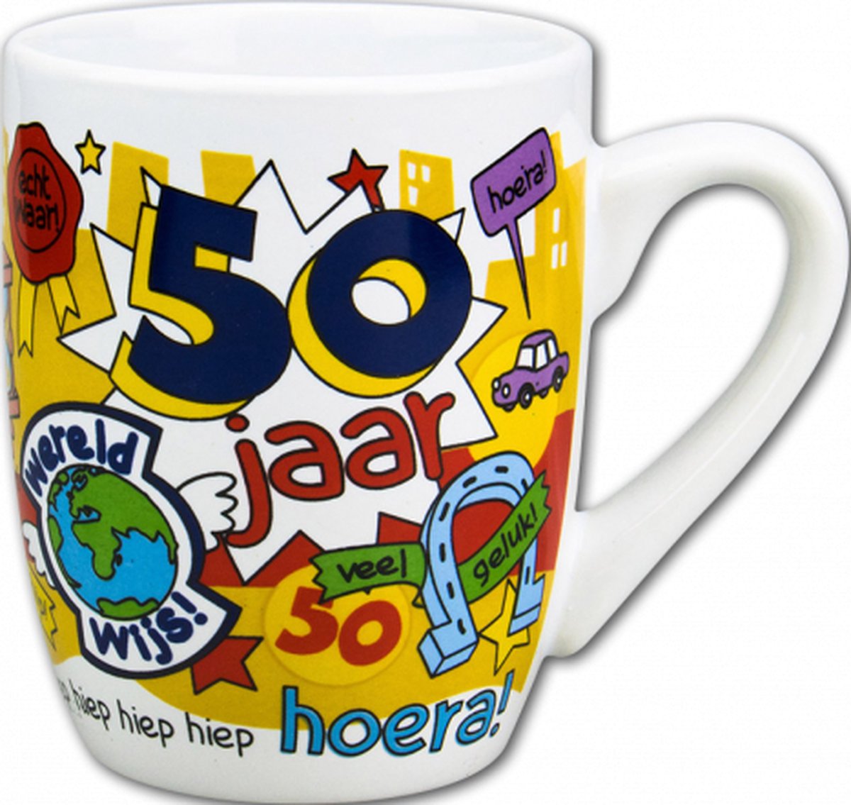 Verjaardag - Cartoon Mok - Hoera 50 jaar Man - Gevuld met een snoepmix - In cadeauverpakking met gekleurd lint