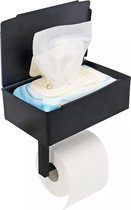 Framehack - Toiletrolhouder met bakje - Opbergvak en plankje - Zwart - of boren - Toilet accessoires
