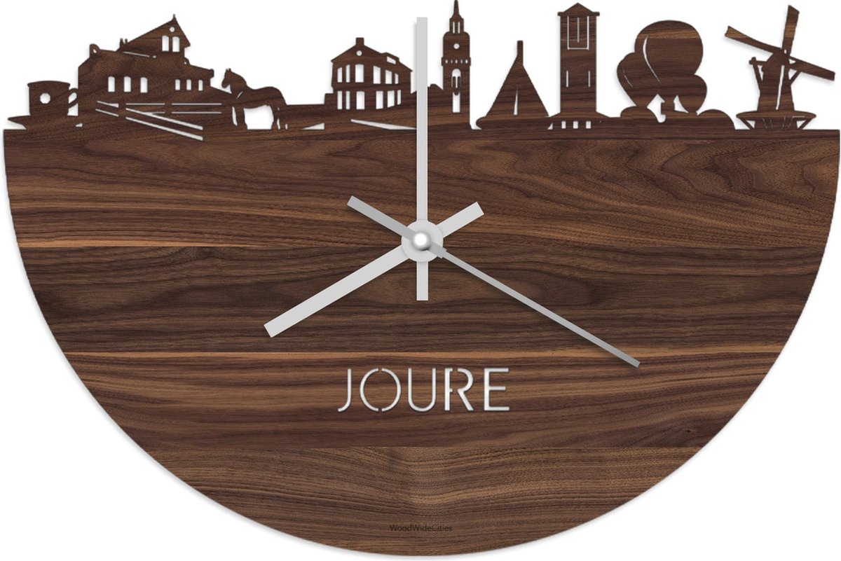 Skyline Klok Joure Notenhout - Ø 40 cm - Stil uurwerk - Wanddecoratie - Meer steden beschikbaar - Woonkamer idee - Woondecoratie - City Art - Steden kunst - Cadeau voor hem - Cadeau voor haar - Jubileum - Trouwerij - Housewarming - WoodWideCities
