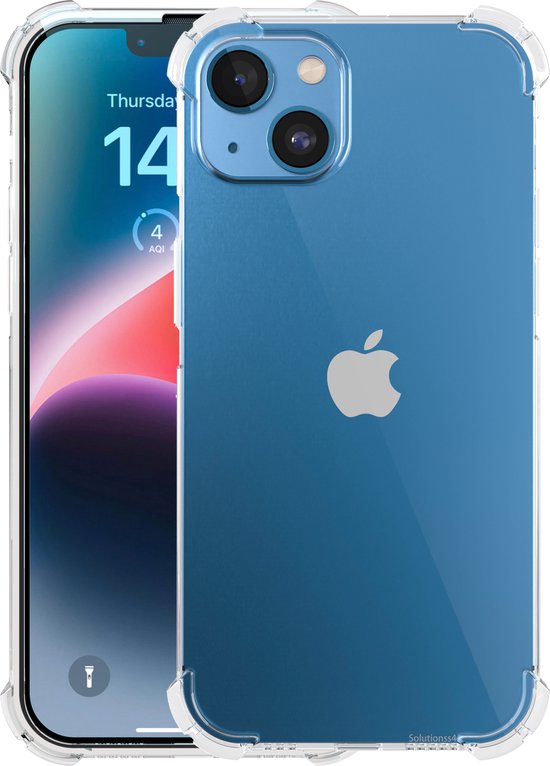 Transparante telefoonhoes omringt een blauwe iPhone 14 Plus.