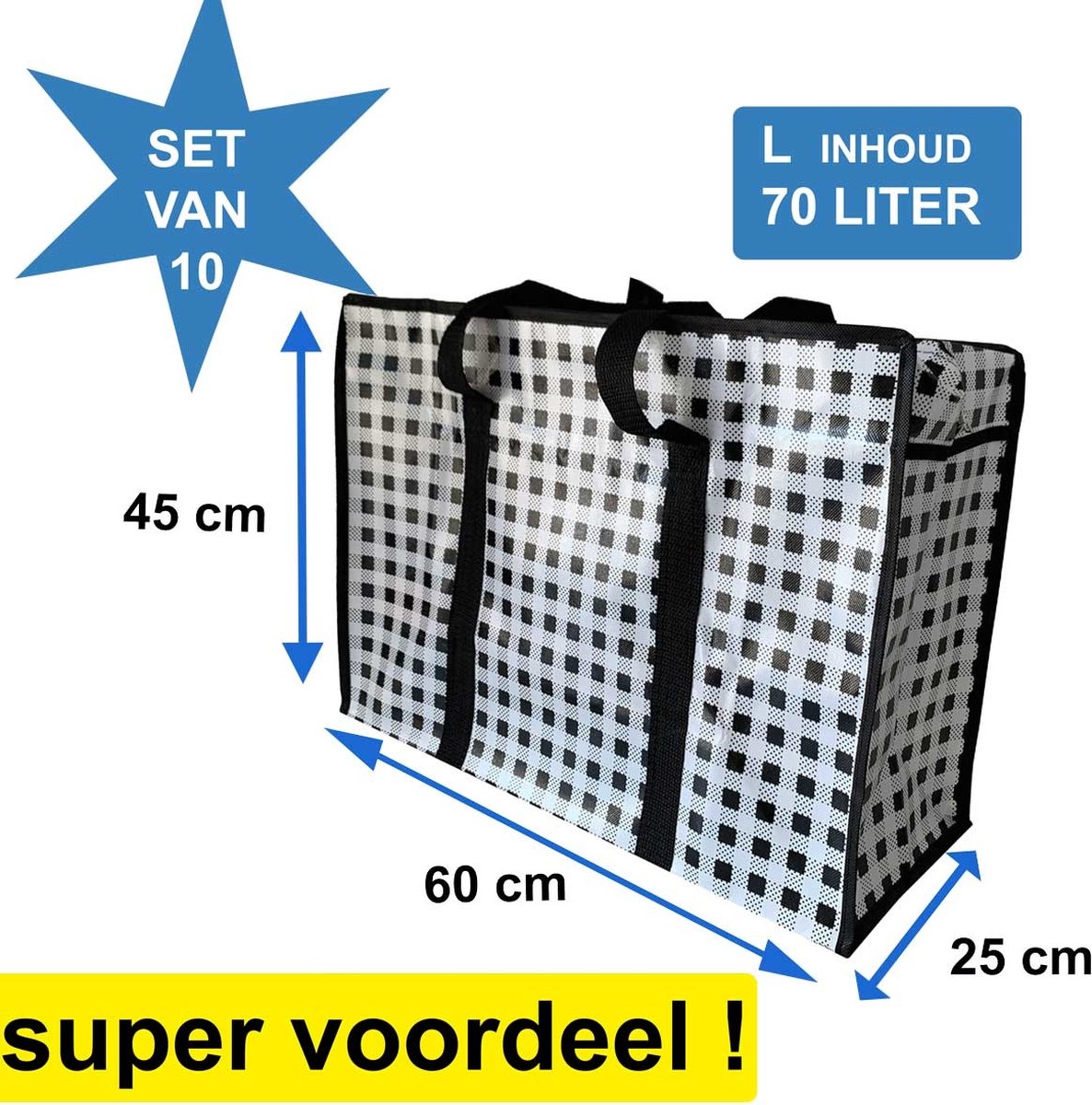 Big Shoppers Met Rits 10 Stuks 60 X 45 Cm Geruit Zwart Set Van Big Shoppers Met Rits 10 Stuks 60 X 45 Cm Geruit Zwart Set Van