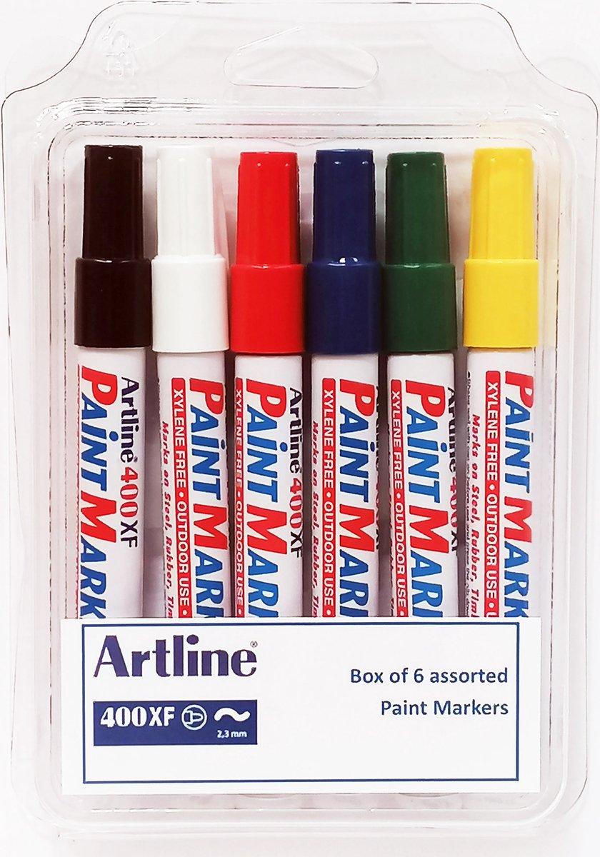 Box van 6 Lakstiften Artline. Assortiment van kleuren.