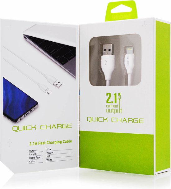 Originele Green on USB Lightning kabel - 2m voor iPhone of iPad - 2.1A Fast Charging Cable