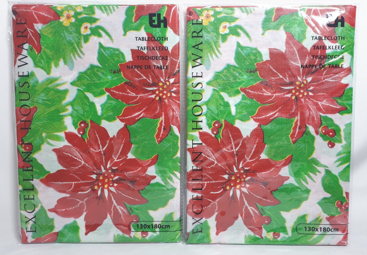 Excellent Houseware Tafelkleed Kerst - Tafellaken - Papier met Toplaag - 130X180cm - Wit - Kerstroos - Voordeel Set 2 Stuks