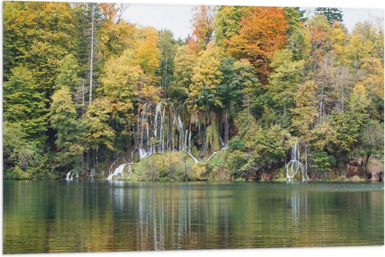 WallClassics - Vlag - Kleine Watervallen tussen Bomen door - 90x60 cm Foto op Polyester Vlag