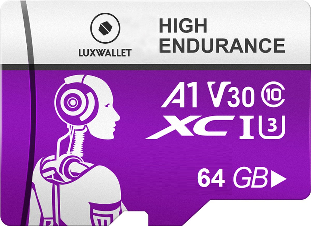 LUXWALLET® XC U3 - 64 GB Micro SD Kaart - TF Klasse 10 - High Endurance - Snelle Gegevensoverdracht - Paars