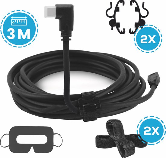 Oculus Quest 2 Link Kabel | 3 meter | Incl. 2x GRATIS Cable Clip én klittenband | USB C naar USB A | 5 GBPS