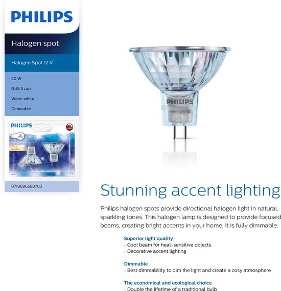Philips Dimbare Halogeenspots GU5.3 - 20W - Dimbaar Warm wit licht - 2 GU5.3... | bol.com